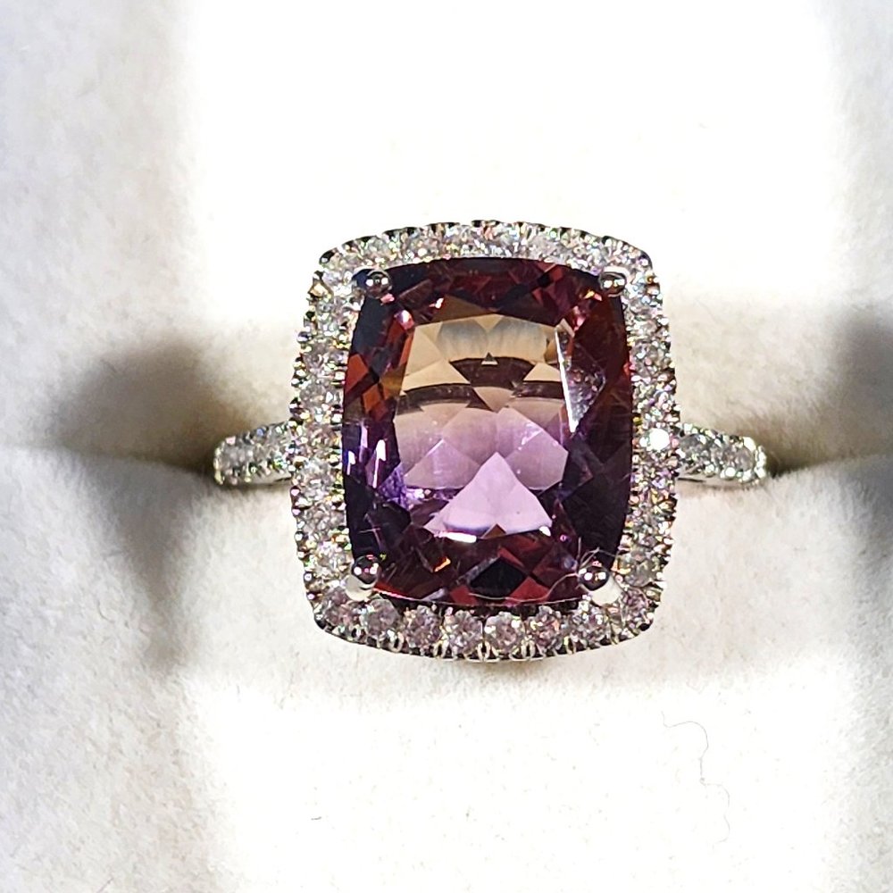 Premium Ametrine & Natural White Zircon Halo ring in Platinum over 925SS 6.15cts